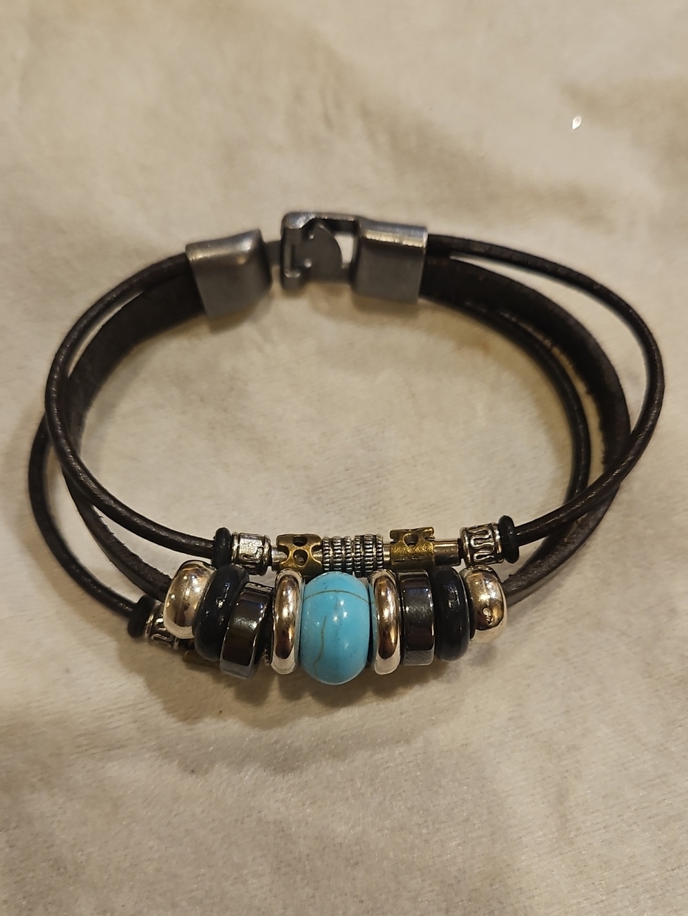 Turquoise Accent Black Leather Multi-Strand Bracelet